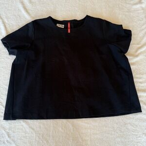 Spanx Perfect Pleated Back Shirt Top Black Rayon Blend Short Sleeve XL Shapewear